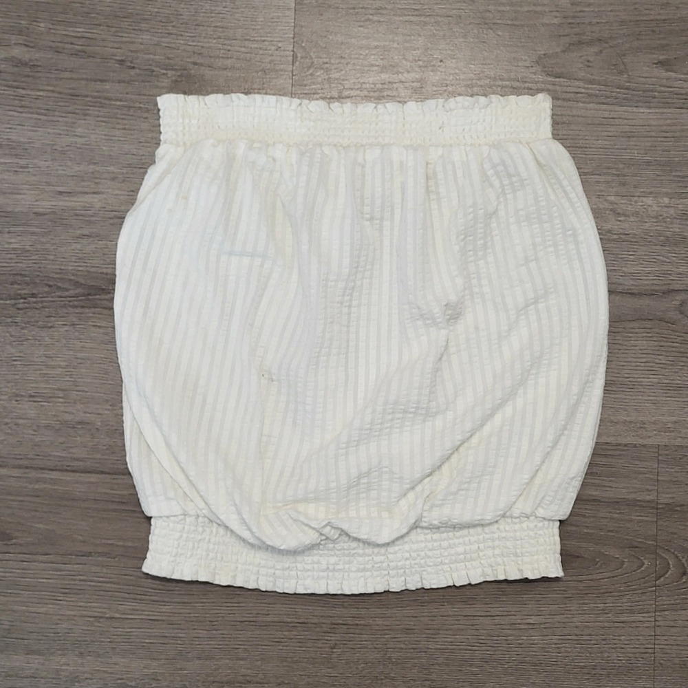 Anthropologie White Seersucker Smocked Tube Top Strapless XS Cotton Summer Boho
